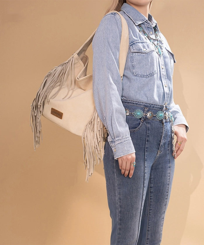 Fringe Studded Hobo Bag