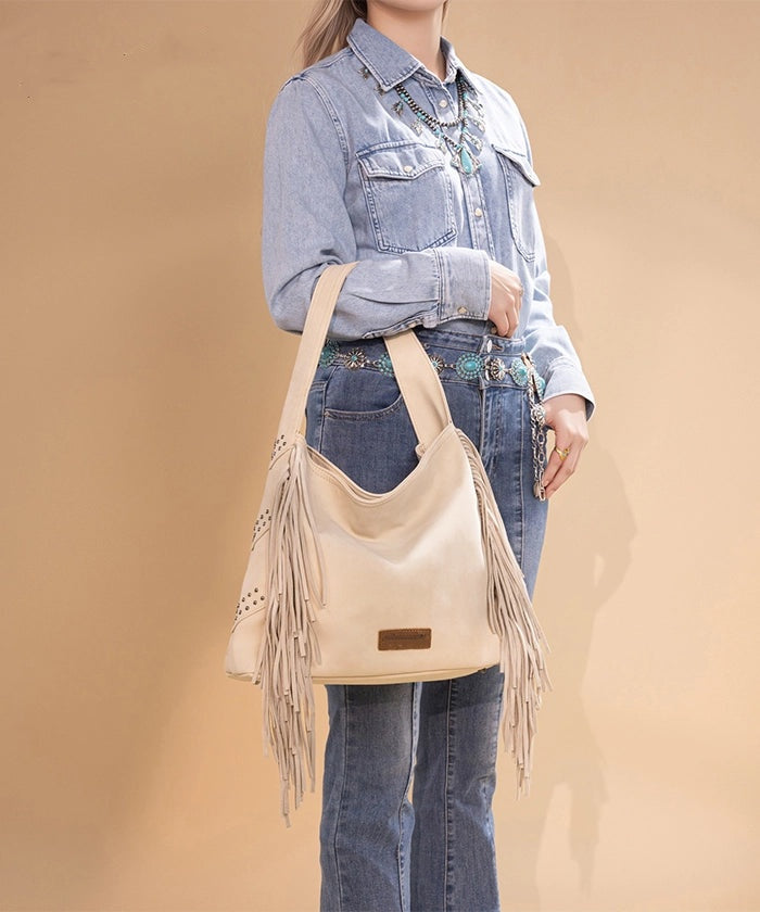 Fringe Studded Hobo Bag