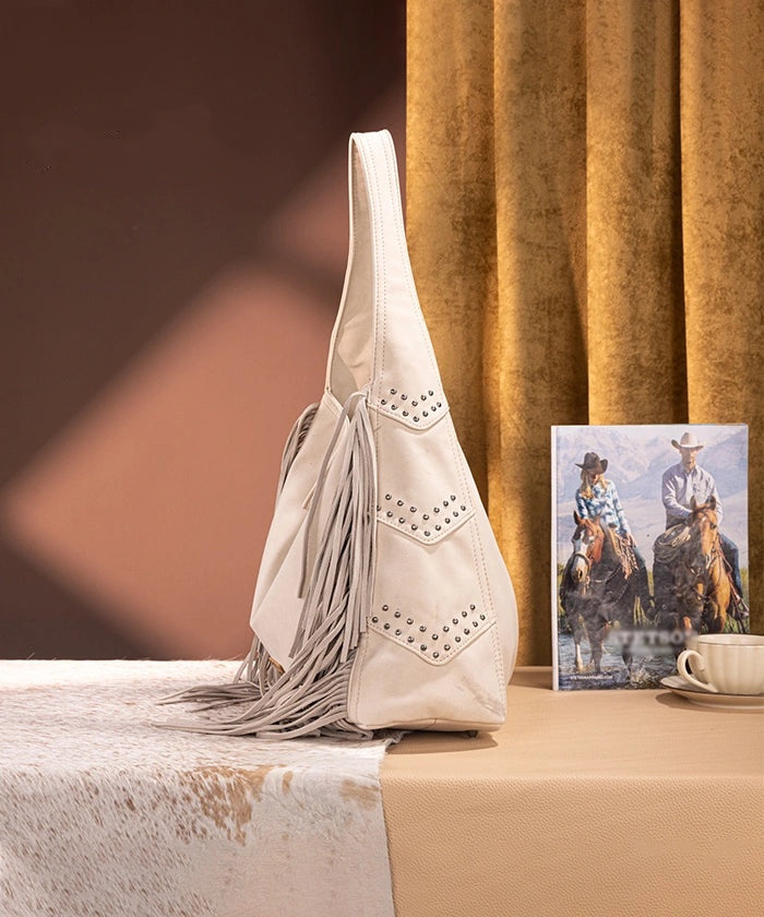 Fringe Studded Hobo Bag