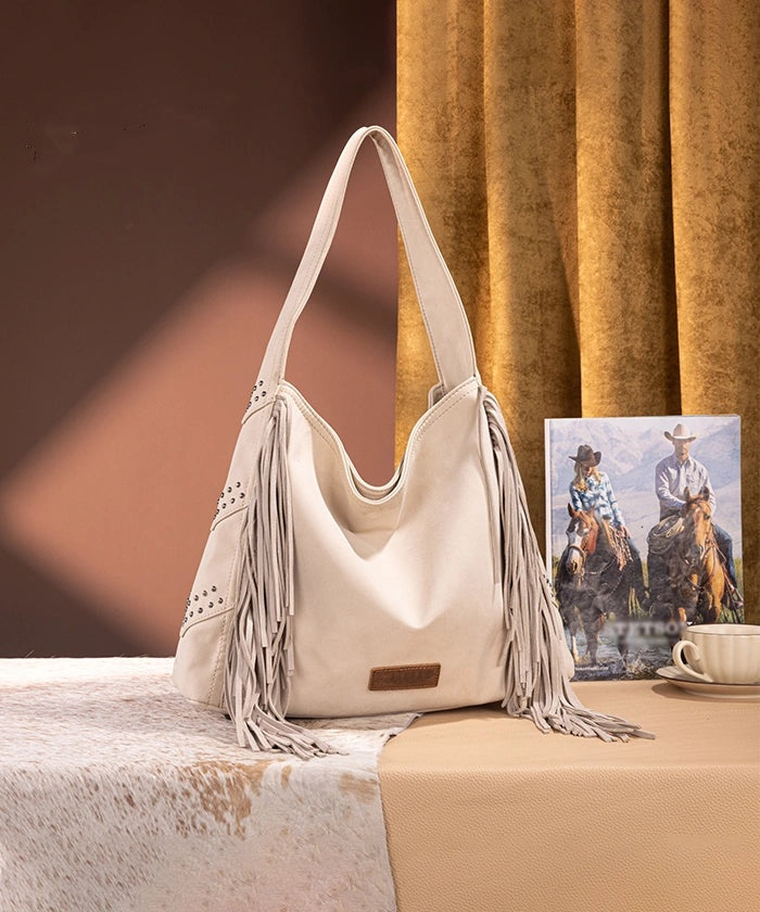 Fringe Studded Hobo Bag