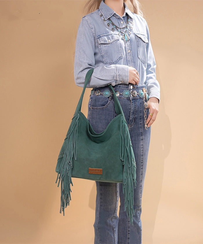 Fringe Studded Hobo Bag