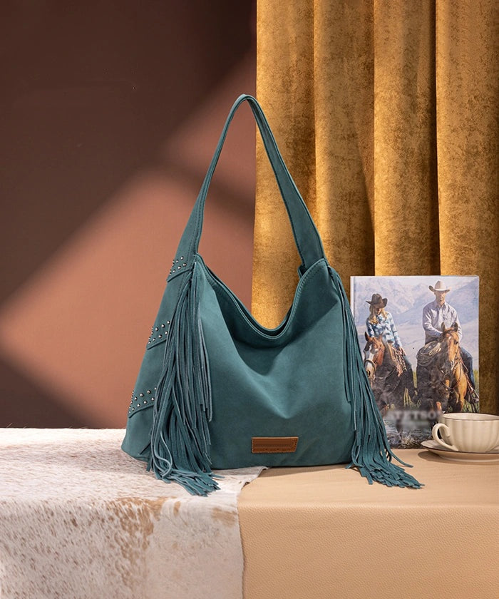Fringe Studded Hobo Bag