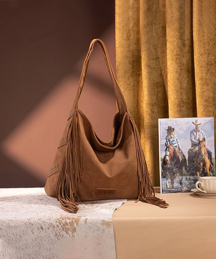 Fringe Studded Hobo Bag