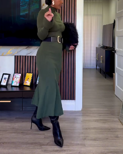 Lantern Sleeve Knit Sweater & Skirt Set