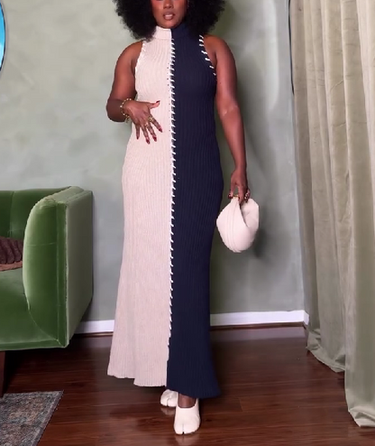 Color-blocked Maxi Turtle Sweater Dress