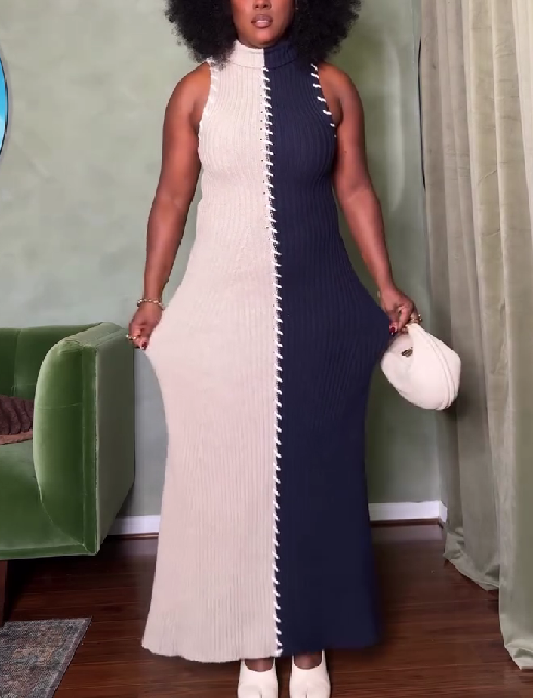 Color-blocked Maxi Turtle Sweater Dress