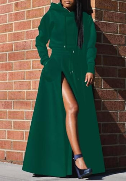 Hooded Sweatshirt And Slit Maxi Skirt Set