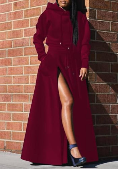 Hooded Sweatshirt And Slit Maxi Skirt Set