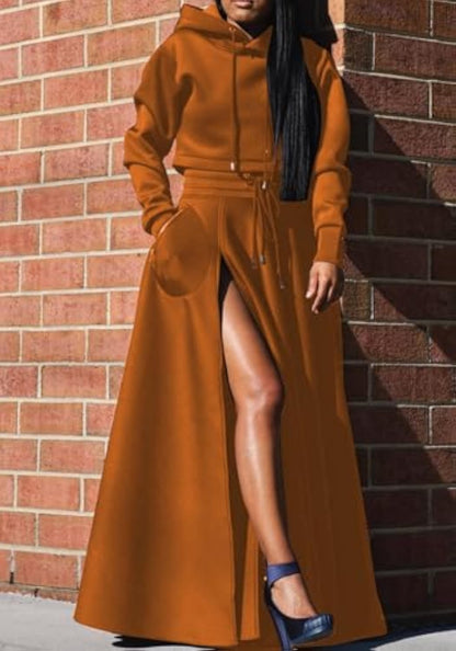 Hooded Sweatshirt And Slit Maxi Skirt Set