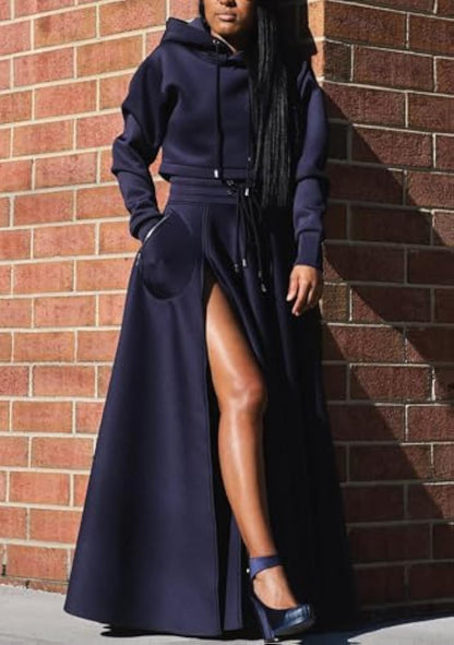 Hooded Sweatshirt And Slit Maxi Skirt Set