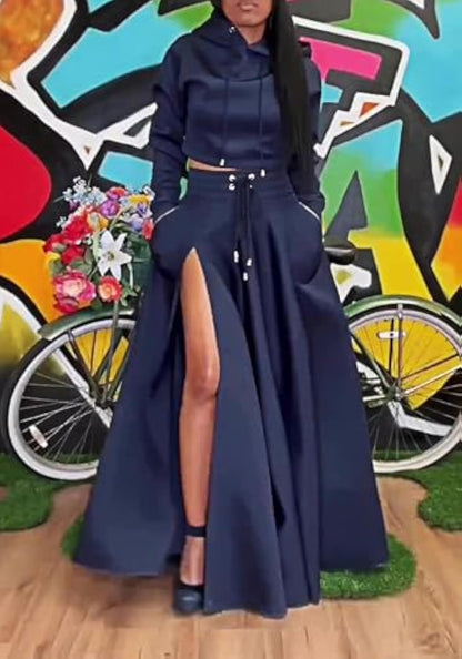 Hooded Sweatshirt And Slit Maxi Skirt Set