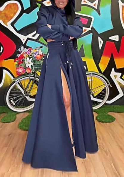 Hooded Sweatshirt And Slit Maxi Skirt Set