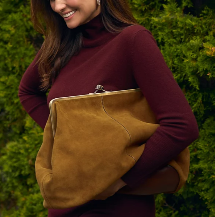 Suede Frame Kisslock Crossbody Bag