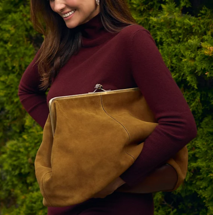 Suede Frame Kisslock Crossbody Bag