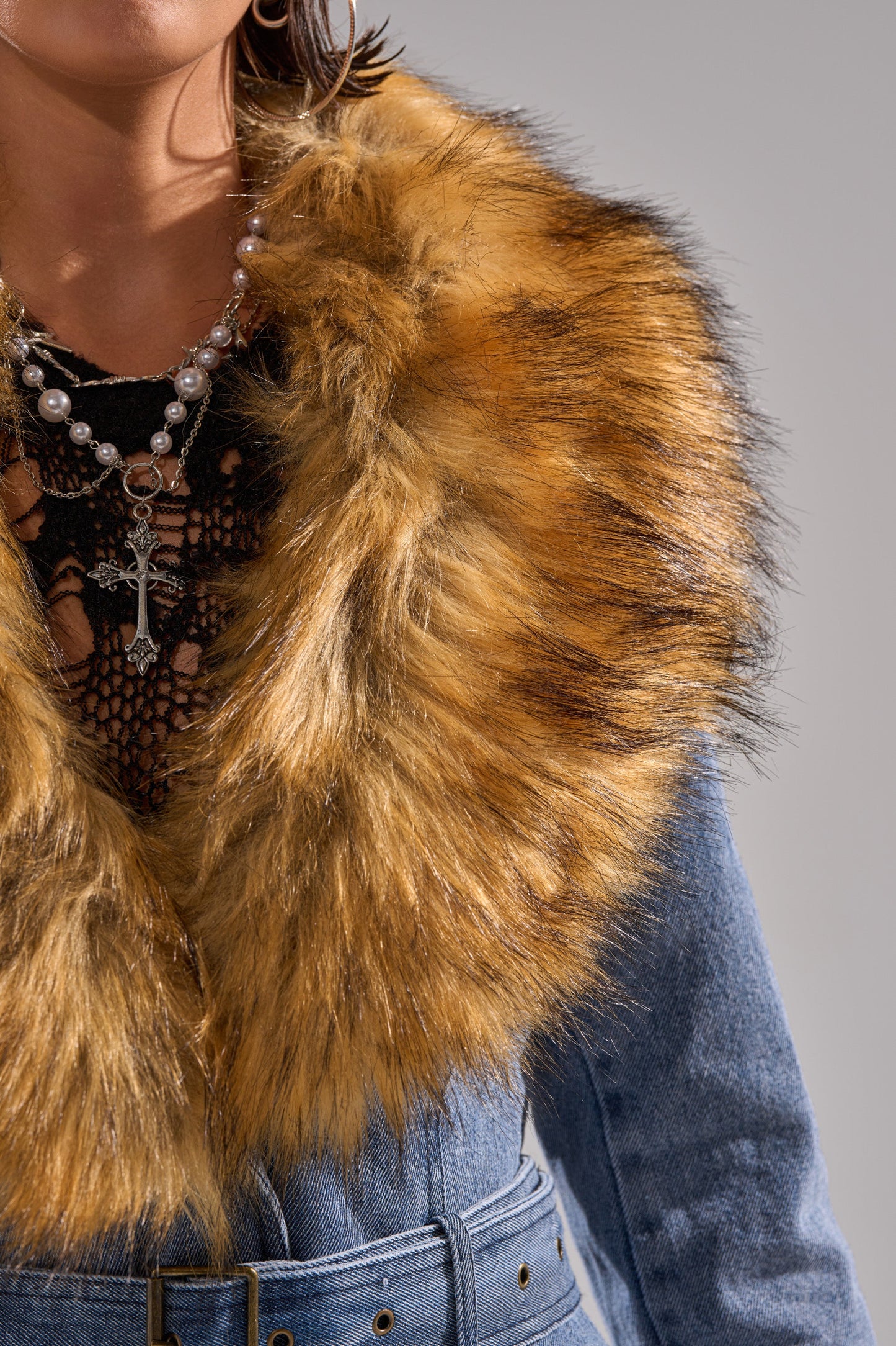 Fur Trim Denim Trench