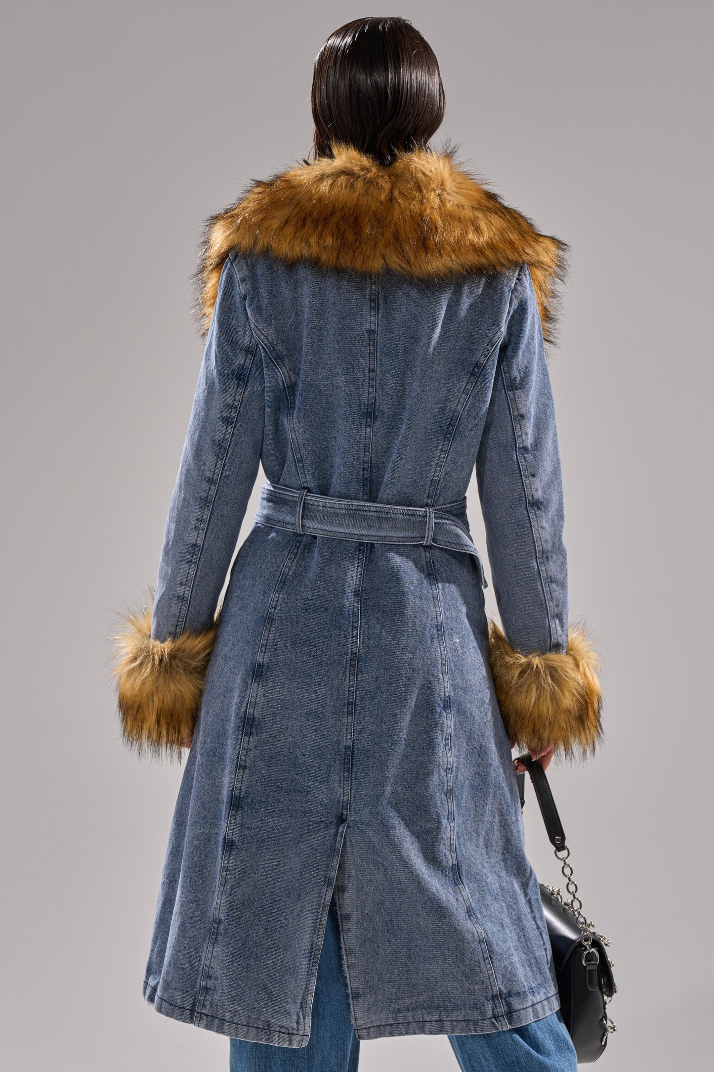 Fur Trim Denim Trench