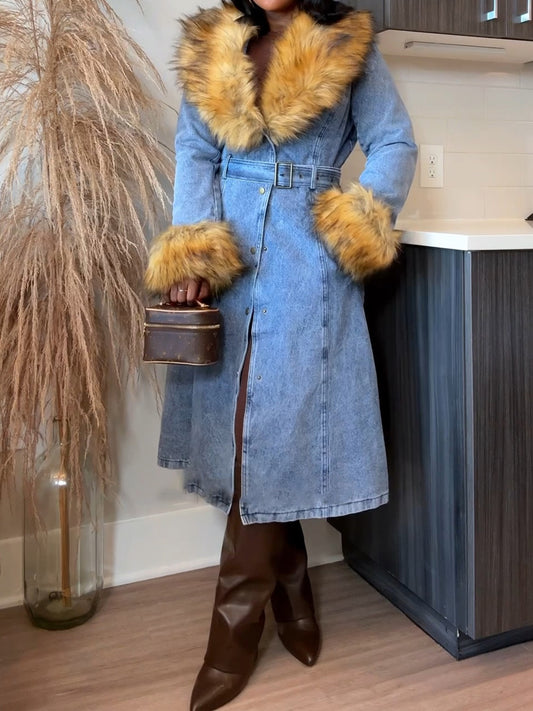 Fur Trim Denim Trench
