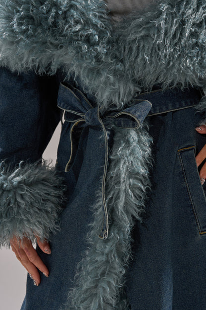 Oversized Lapel Fur Trim Denim Trench