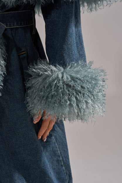 Oversized Lapel Fur Trim Denim Trench