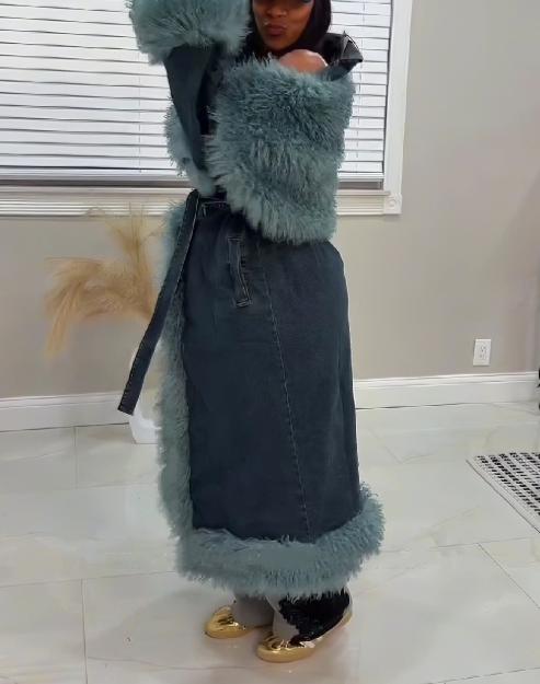 Oversized Lapel Fur Trim Denim Trench