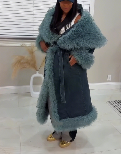 Oversized Lapel Fur Trim Denim Trench