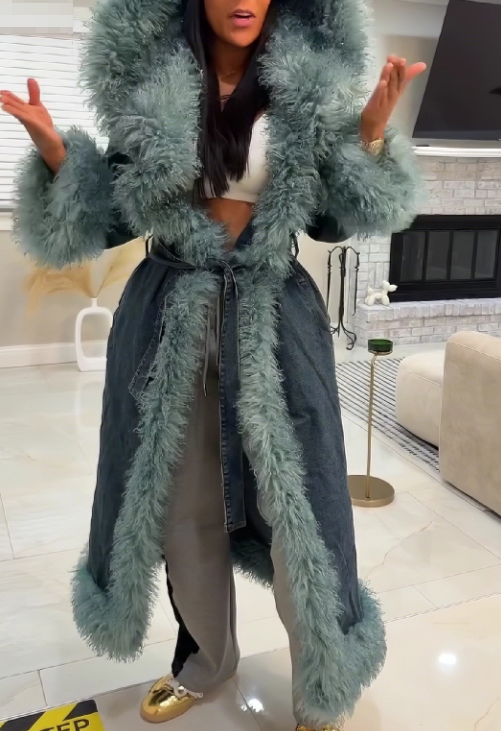 Oversized Lapel Fur Trim Denim Trench