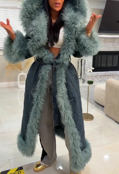 Oversized Lapel Fur Trim Denim Trench
