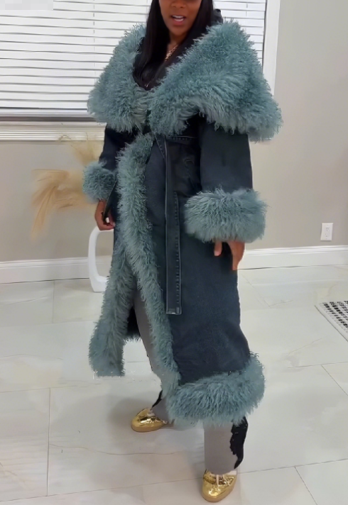 Oversized Lapel Fur Trim Denim Trench