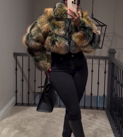 Chic High-neck Cropped Faux Fox Fur Coat