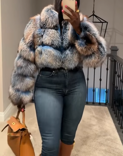 Chic High-neck Cropped Faux Fox Fur Coat