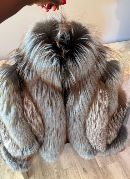 Stunning Silver Faux Fox Fur Coat