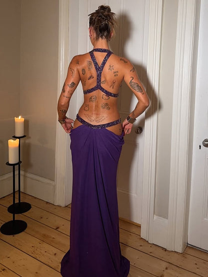 Strap Cutout Design Backless Drape Maxi Dress