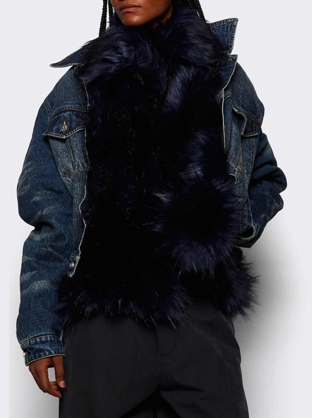 Treated Faux Fur Cinched Jacket Blue And Black