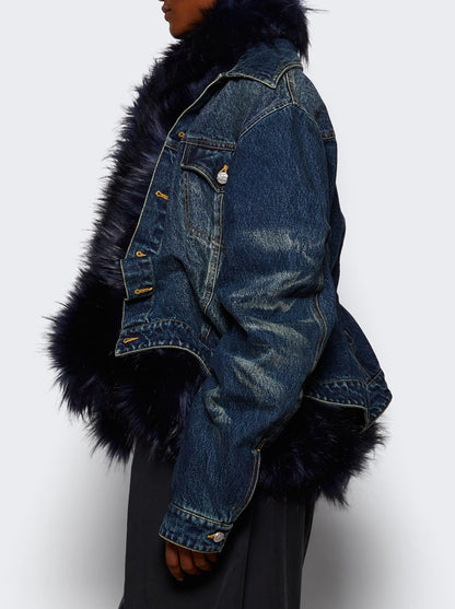 Treated Faux Fur Cinched Jacket Blue And Black