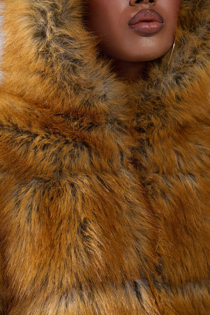 Golden Hooded Faux Fur Coat