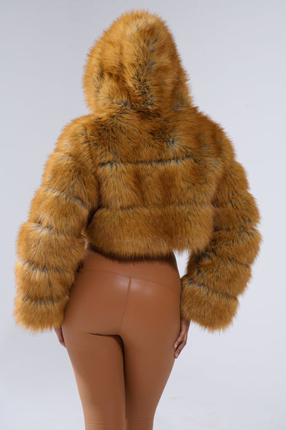 Golden Hooded Faux Fur Coat