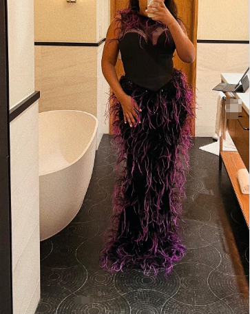 Purple Feathered Mesh Sheer Corset Gown