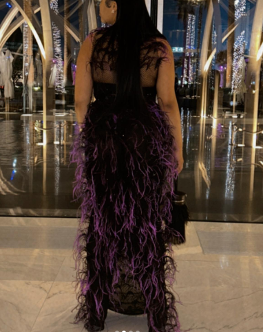 Purple Feathered Mesh Sheer Corset Gown