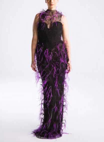 Purple Feathered Mesh Sheer Corset Gown