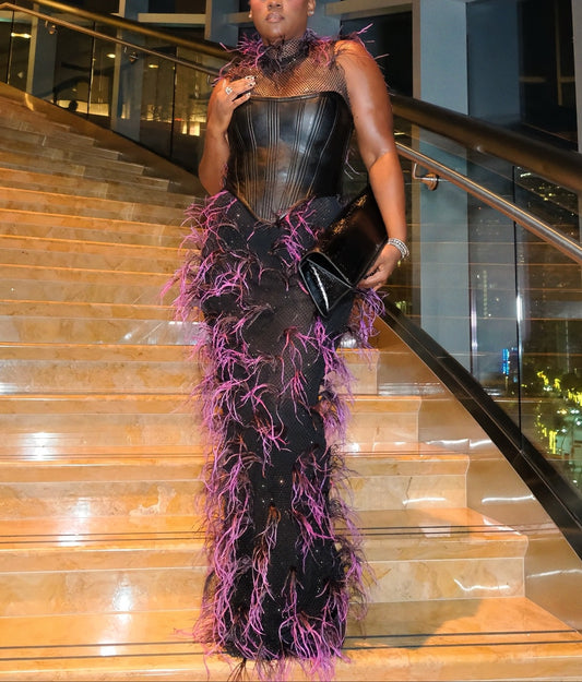 Purple Feathered Mesh Sheer Corset Gown