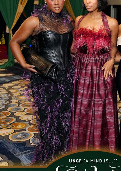 Purple Feathered Mesh Sheer Corset Gown