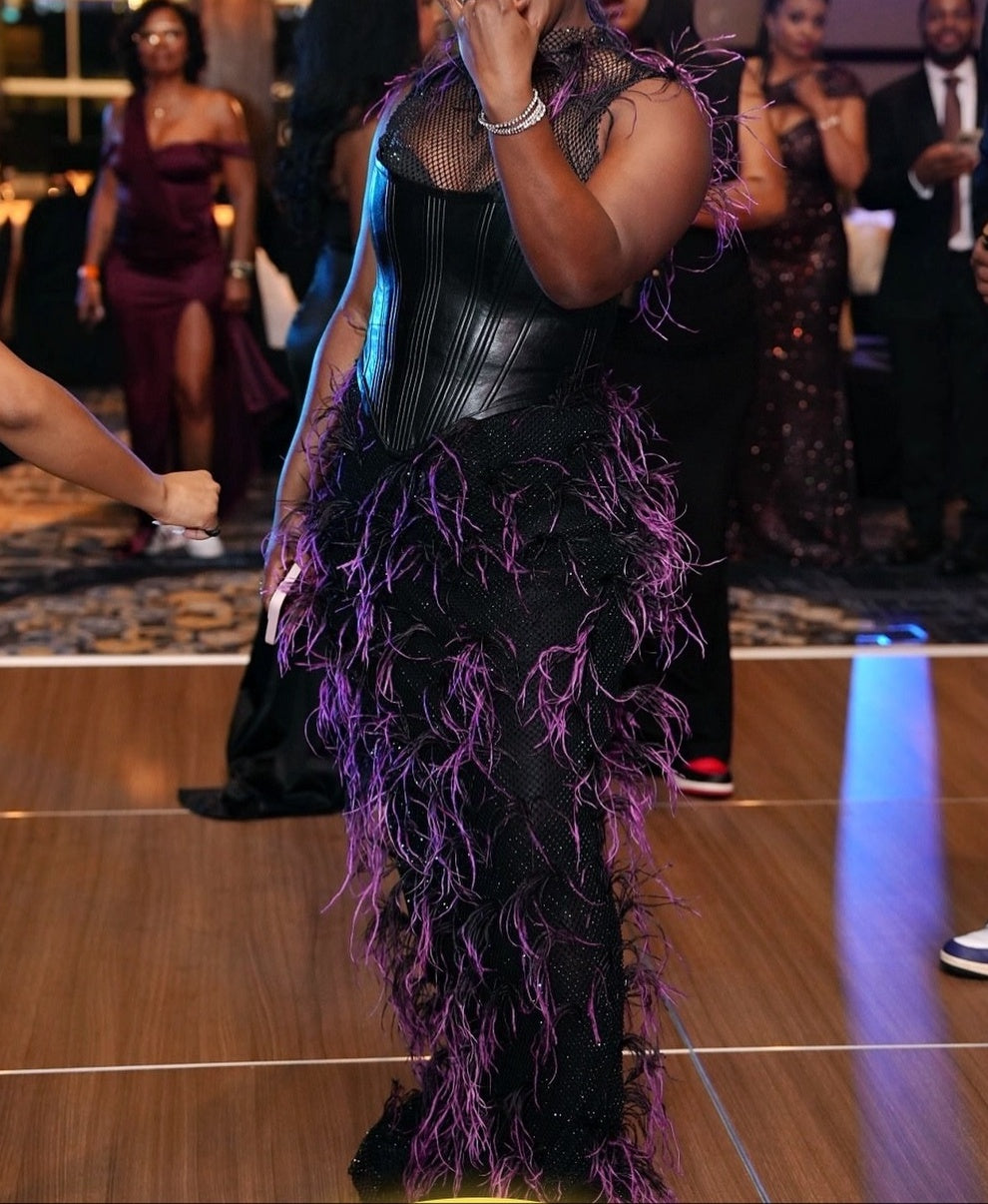 Purple Feathered Mesh Sheer Corset Gown