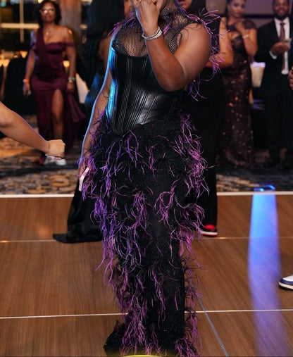 Purple Feathered Mesh Sheer Corset Gown
