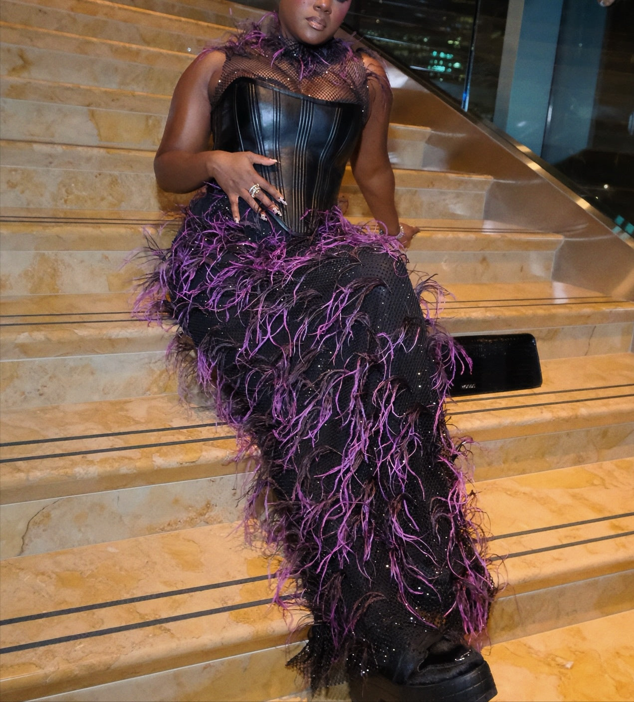 Purple Feathered Mesh Sheer Corset Gown