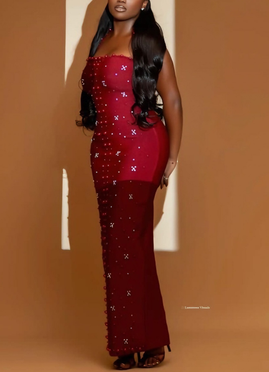 Sleeveless Pearl Wine Bandage Maxi Dress