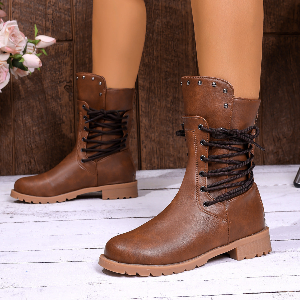 Side-strap Rivet-decorated Back Zipper Design Ankle Boot