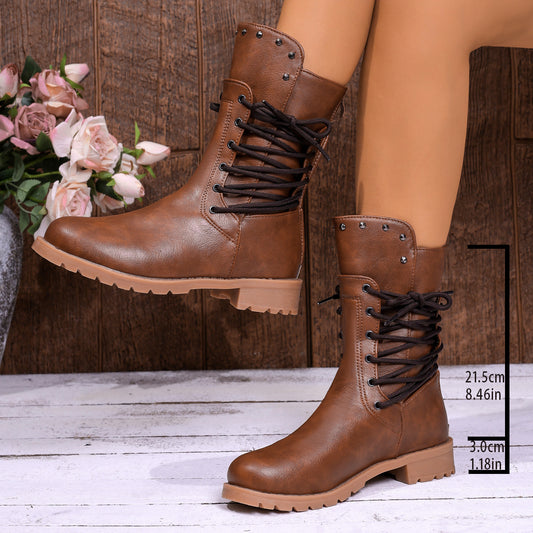 Side-strap Rivet-decorated Back Zipper Design Ankle Boot