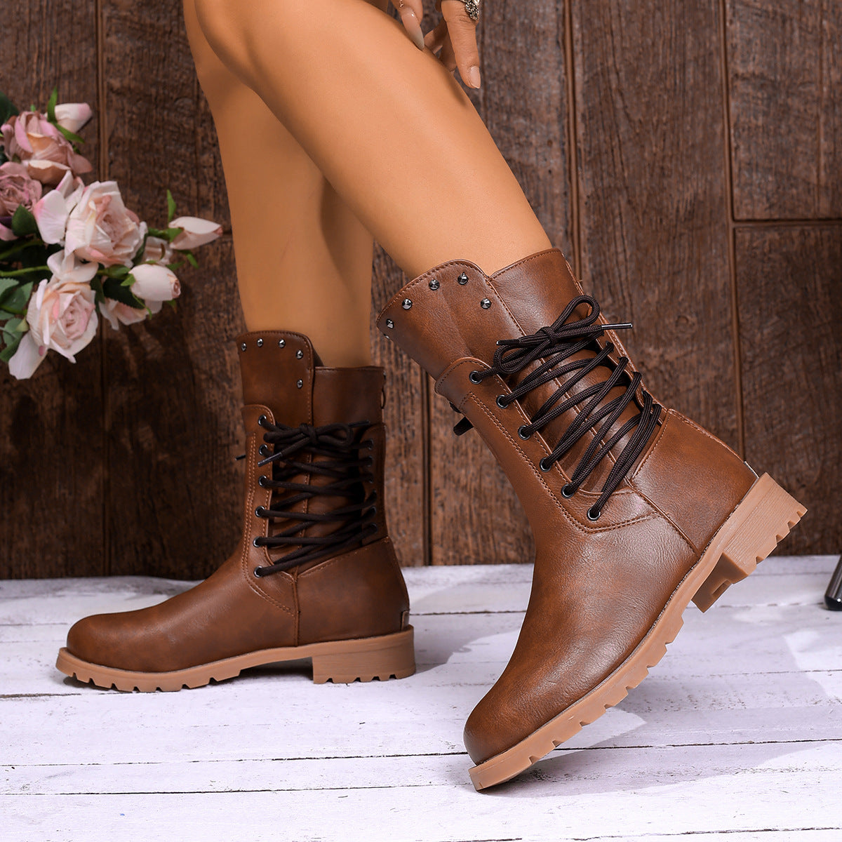 Side-strap Rivet-decorated Back Zipper Design Ankle Boot