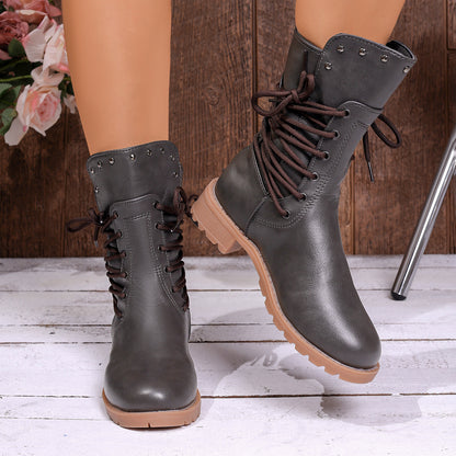 Side-strap Rivet-decorated Back Zipper Design Ankle Boot