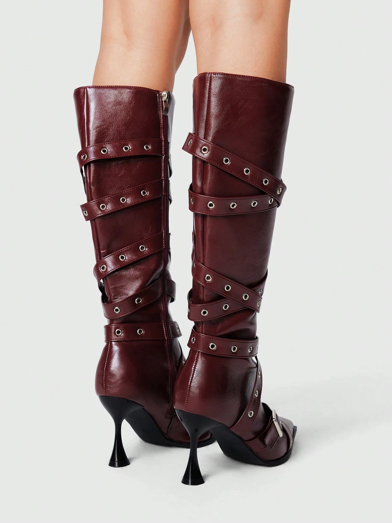 Buckle Strap Pointed Toe Mid-Calf High Heel Boot